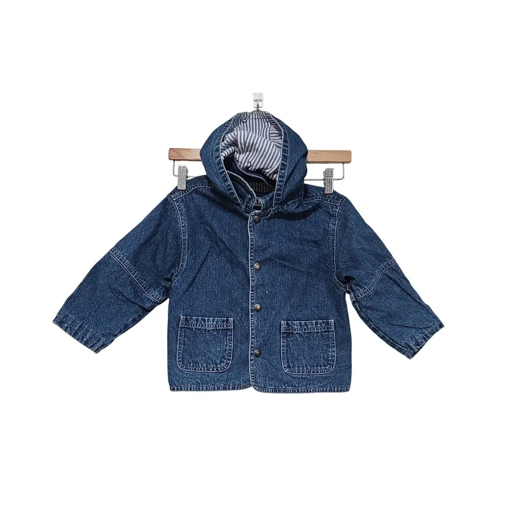 Lands End Denim Jacket Kids 4T Blue Hooded Striped Lining Chore Coat Coastal